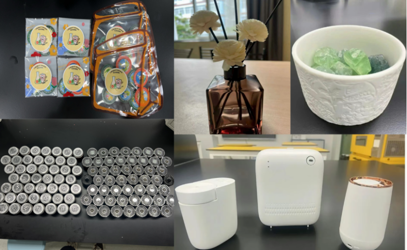 图三.实践团研发的空间趋避产品组图（从上至下依次为：爆珠驱蚊贴、车载香薰、室内香薰、香薰机、扩香石）.png